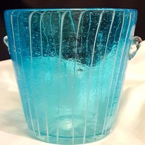 Murano Glass Bowl "Venini for Disaronno" Blue w/ White Stripes & Bubbles Italy